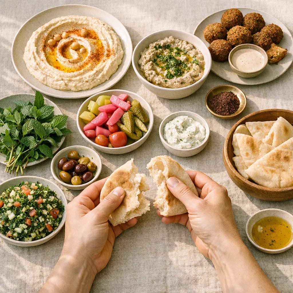 Mediterranean mezze spread with hummus and warm pita